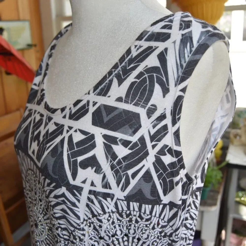 Y2K 'Cover Charge' Rhinestone Tunic Dress Black White Handkerchief Hem M